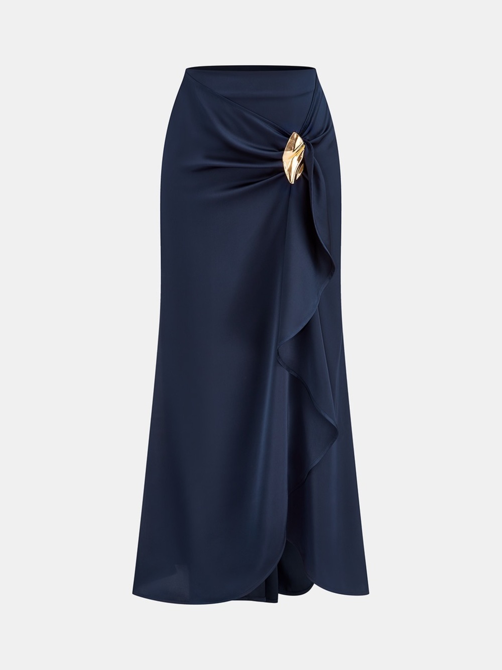 Commense Asymmetric Ruffle Metal Detail Satin Maxi Skirt